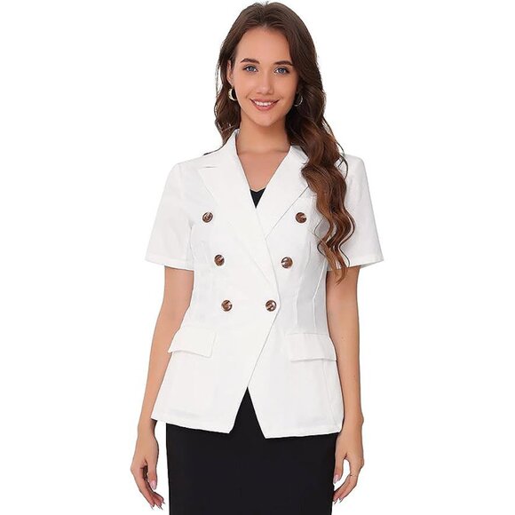 Linen Blazer for Women's Lapel Short Sleeve Work Office Jacket